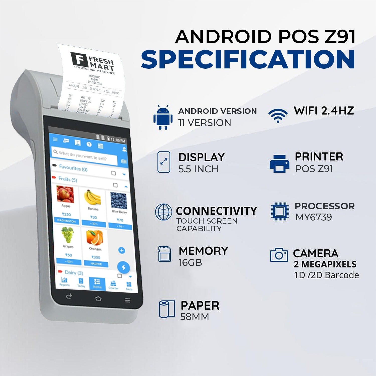Handheld Touch POS Machine with 58mm Printer & Free Billing Software