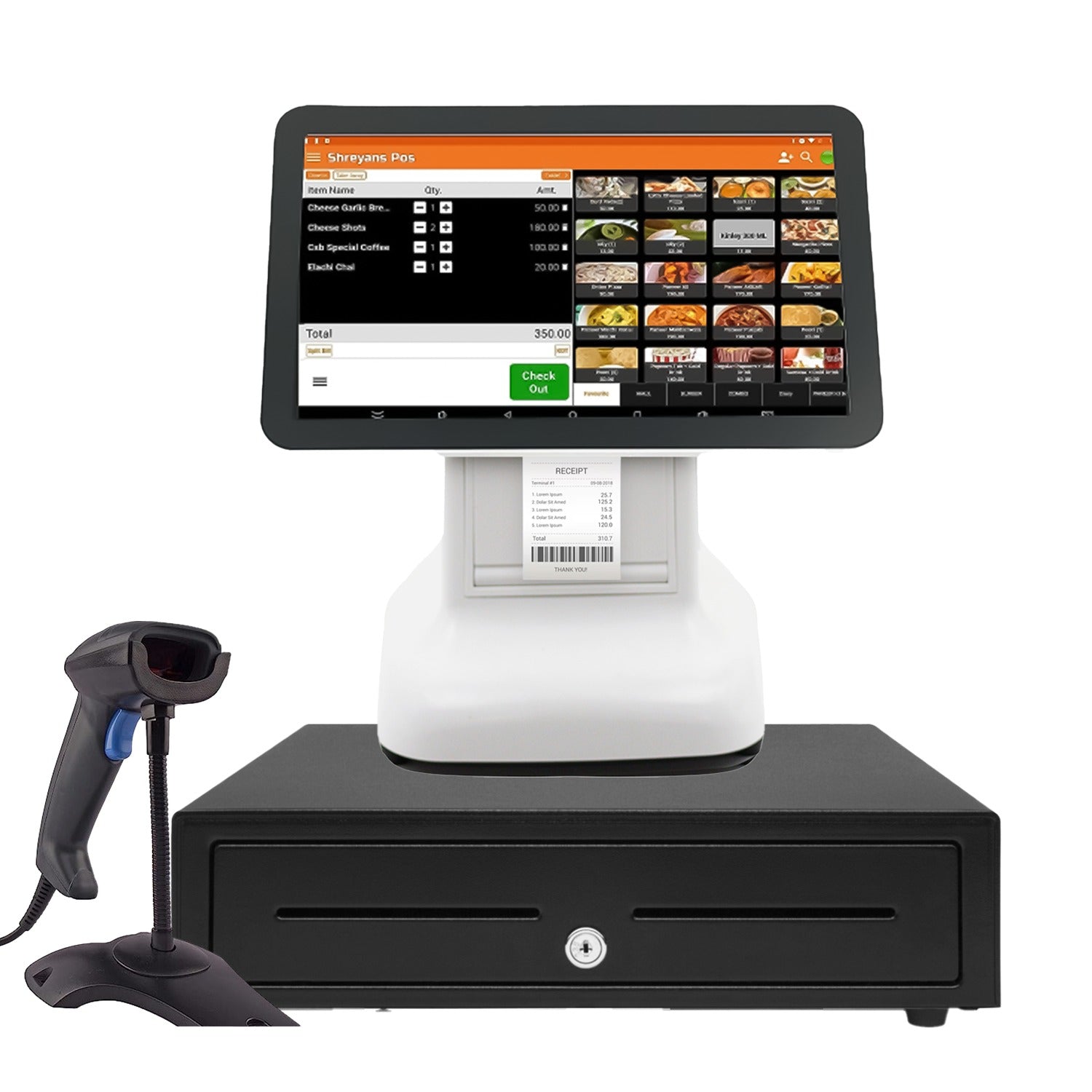 Touch POS Machine with 58mm Printer, Barcode Scanner & Cash Drawer