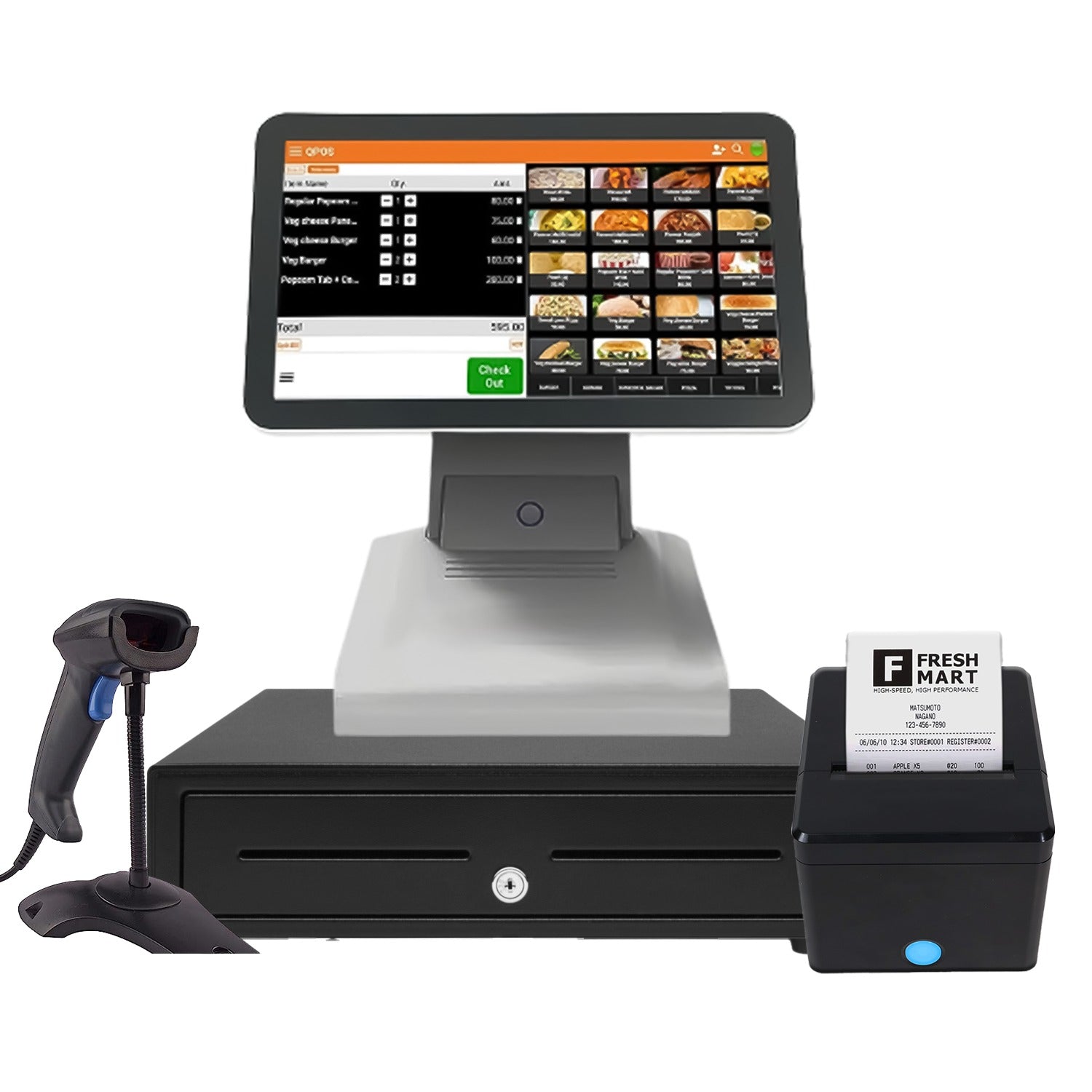 15.6 Inch Touch POS Machine with Printer, Cash Drawer & Scanner