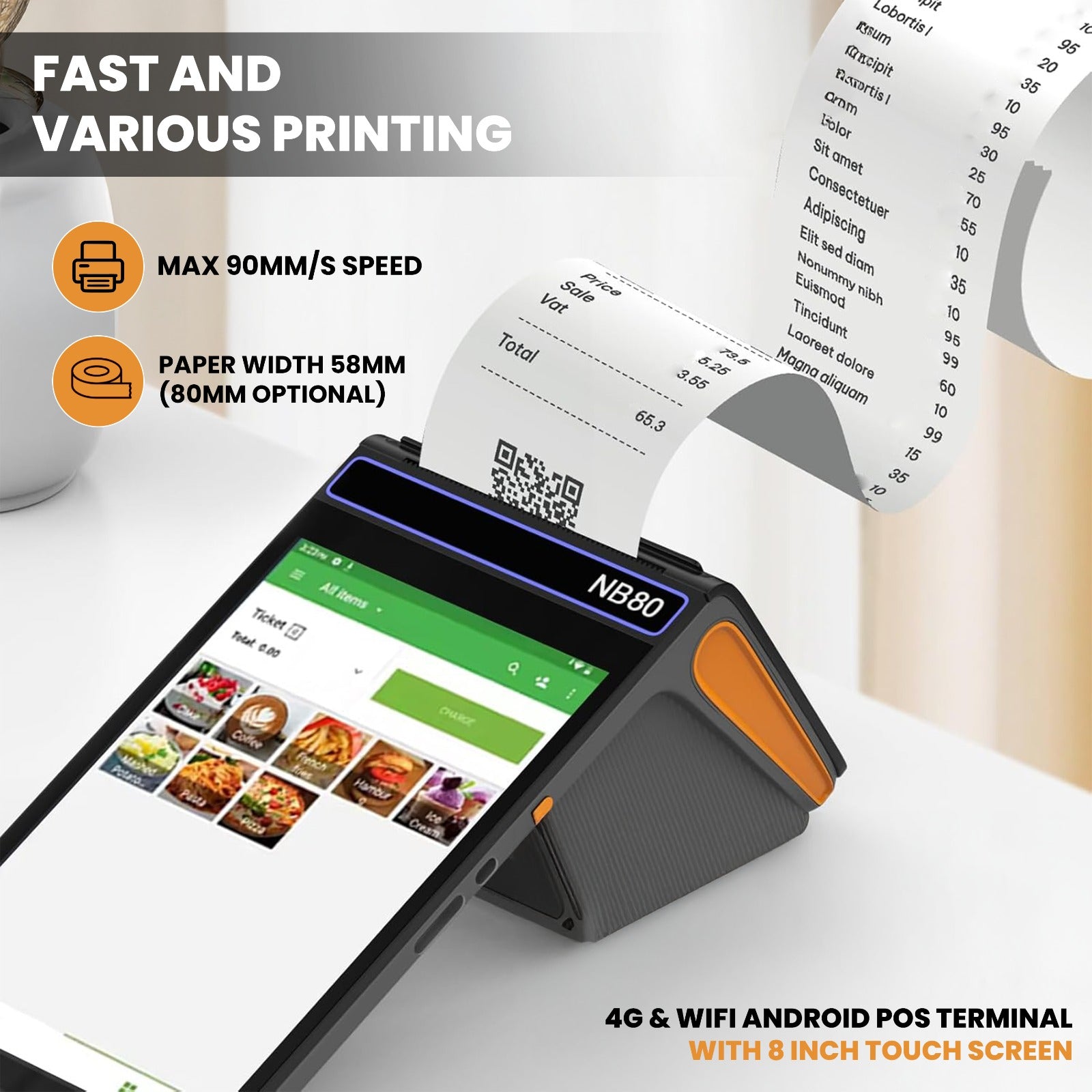 4G & WiFi POS machine | 8" Touchscreen, 58mm Printer, NFC & Scanner