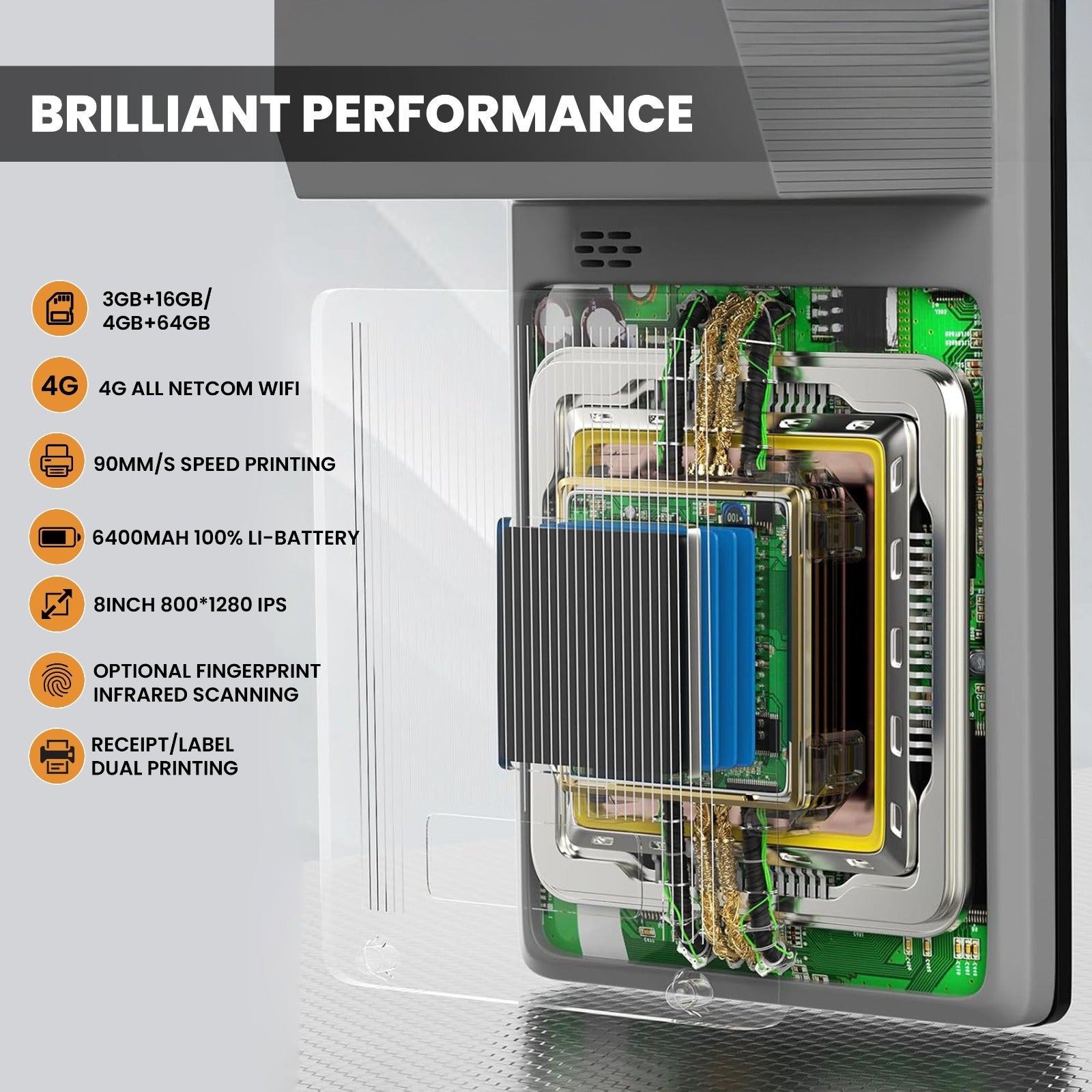 4G & WiFi POS machine | 8" Touchscreen, 58mm Printer, NFC & Scanner